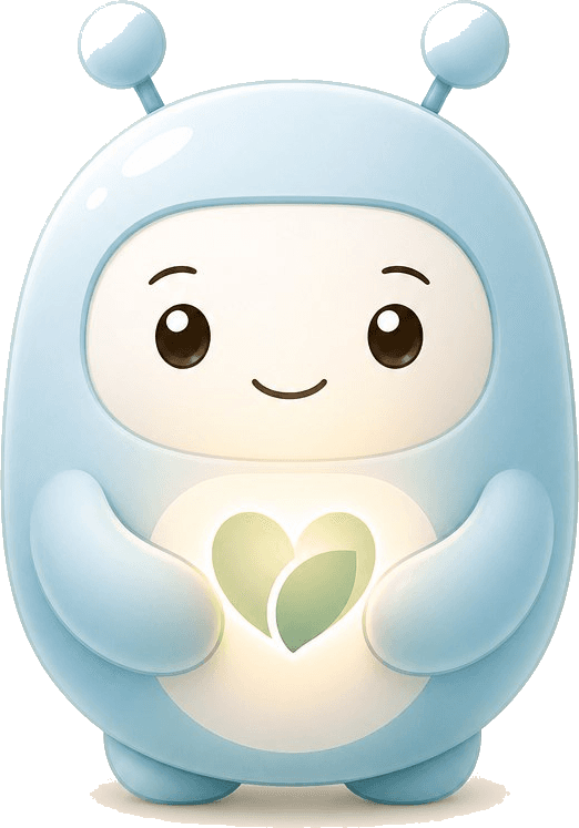 Deari, mascot biru Deari.id yang memegang simbol hati daun bercahaya